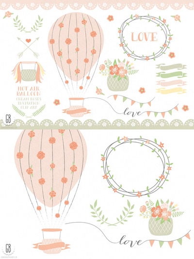 热气球矢量图 Hot air balloons, roses, ribbons