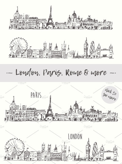 城市天际线地图插画 Set of 6 cities skylines