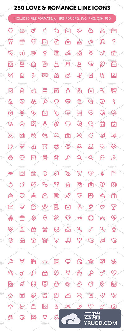 250个爱情和浪漫的线条图标设计 250 Love and Romance Line Icons