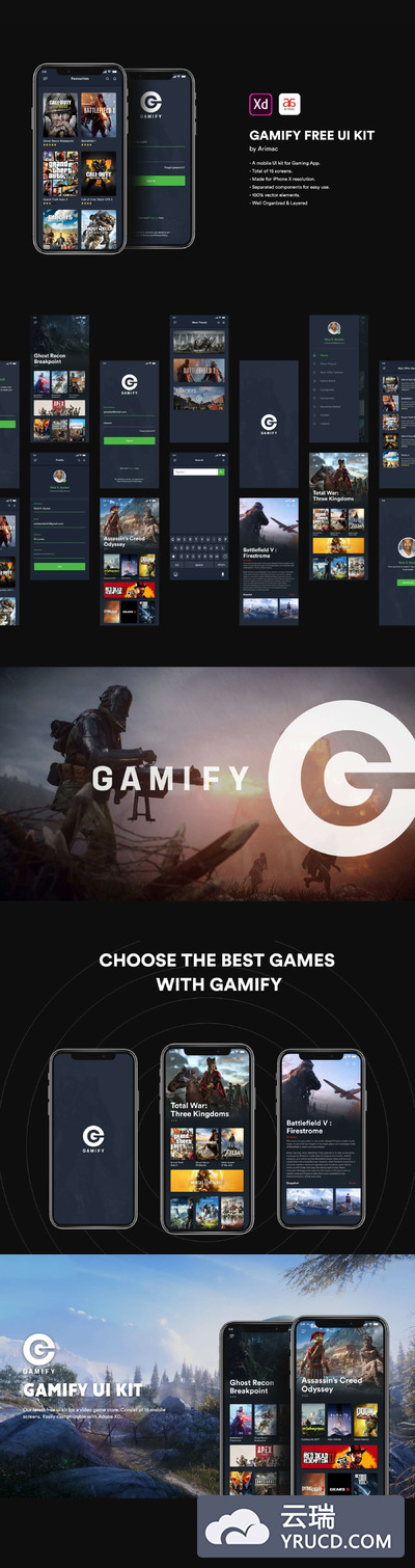 游戏介绍平台APP UI KIT套装下载 iOS Ui app设计 ui设计app[XD]