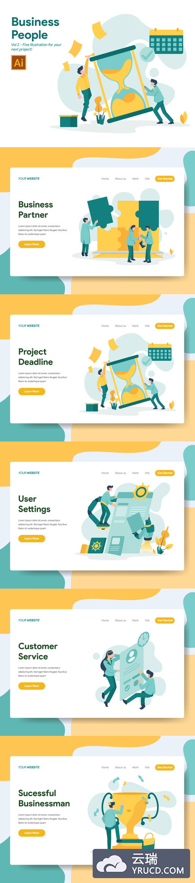 插画 | 黄绿色商人商业概念网站页面矢量人物banner着陆页