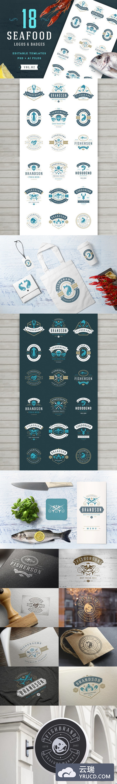 海鲜食物logo设计素材模板 18 Seafood Logos & Badges