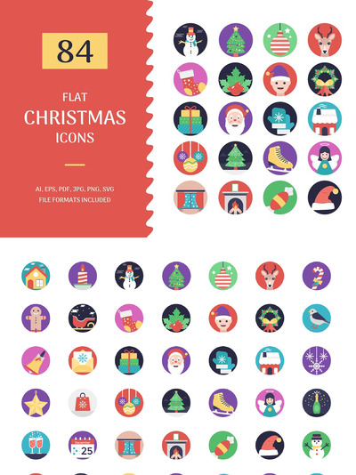 圣诞平面设计图标素材 84 Christmas Flat Design Icons