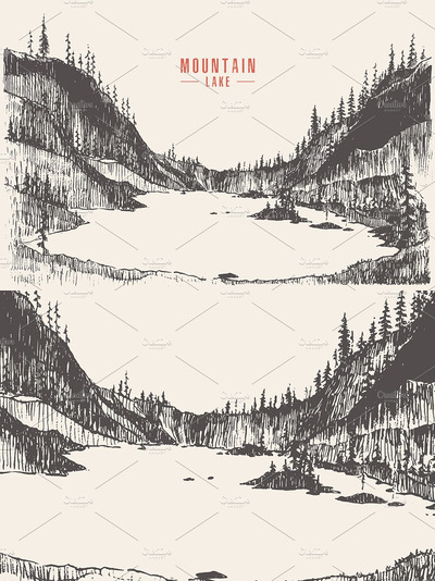 湖水素描插画 Lake with pine forest