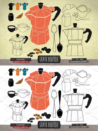 经典咖啡插画 Vintage coffee, moka, espresso