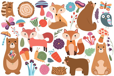 卡通森林插画素材 Woodland Animals/Floral Vector & PNG