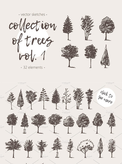 手绘树木的集合 Collection of hand drawn trees
