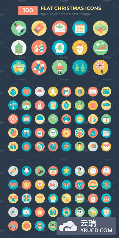 100个圣诞矢量图标下载 100 Flat Christmas Vector Icons