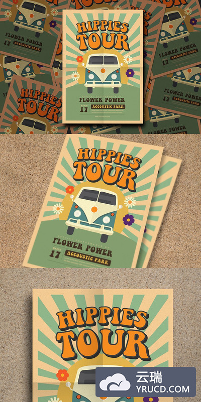 复古ps插画海报制作 Hippies Party Flyer