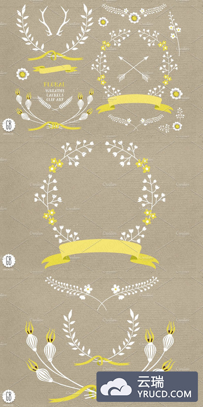 花卉花圈素材插画 Wreaths laurels ribbons folk flowers