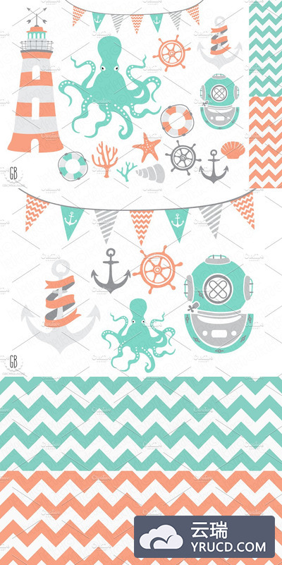 海洋元素图案剪贴画 Nautical vector clip art, octopus