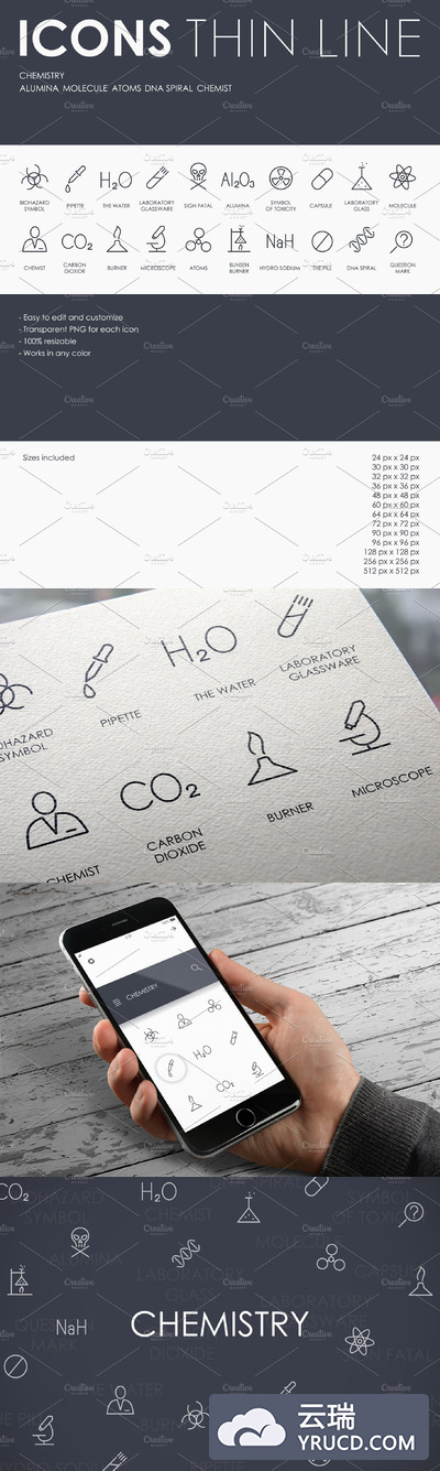 化学元素实验图标大全 Chemistry thinline icons