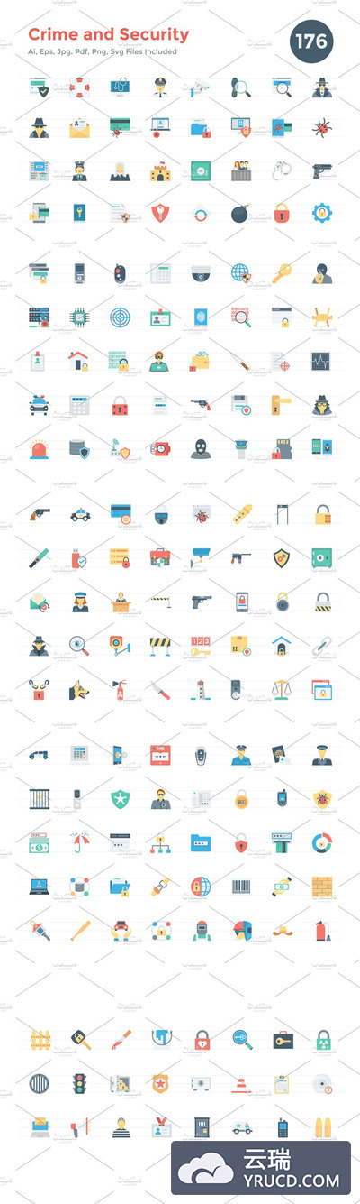 176个犯罪和安全图标设计 176 Flat Crime and Security Icons