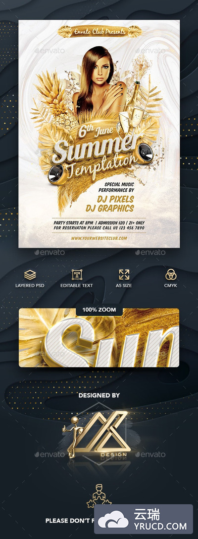 夏日性感诱惑比基尼派对香槟色传单设计模板