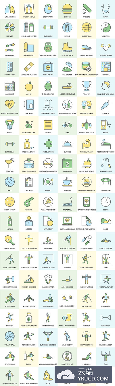 100+健身和健康图标素材 100+ Fitness and Health Icon Set