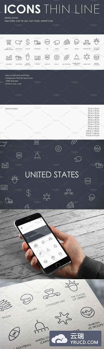 美国元素矢量图标素材 UNITED STATES thinline icons