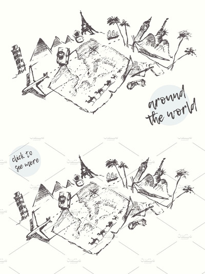 旅行插画素描 Set of illustrations for travelings