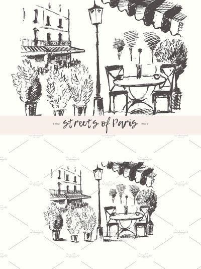 手绘巴黎街景插画 Streets in Paris, France