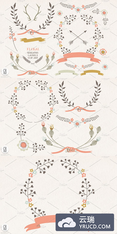 花卉丝带插画 Floral wreaths laurels ribbons c73