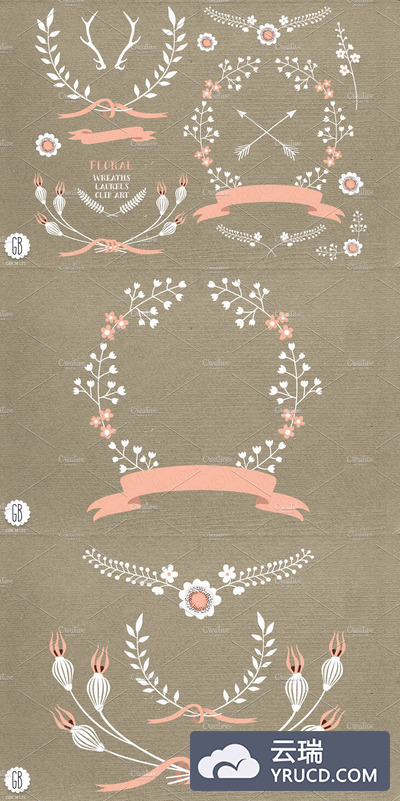 花卉花圈图形 Floral wreaths laurels ribbons cream