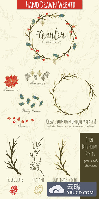 手绘冬季花卉插画 Winter Wreath Graphics - Hand Drawn