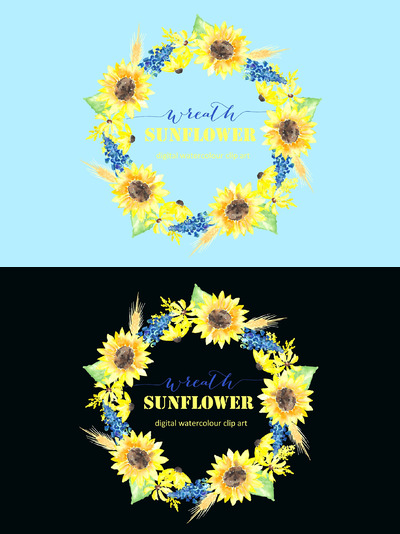 水彩向日葵插画 Sunflower wreath watercolor