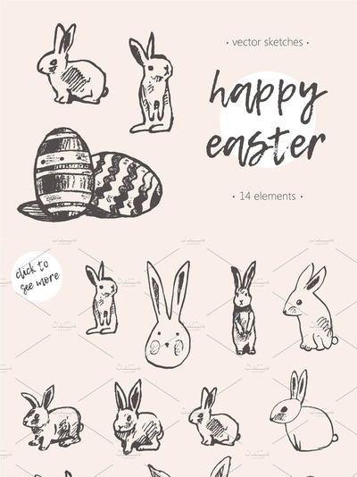 可爱的兔子插画素材 Set of cute easter rabbits, eggs