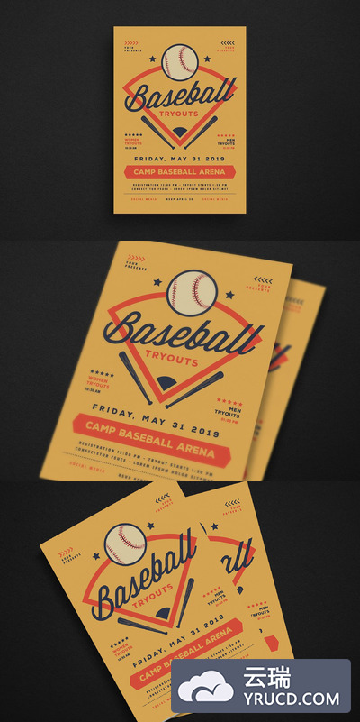 棒球海报设计模板 Baseball Tryouts Flyer