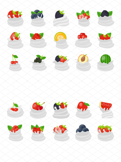 生日蛋糕矢量图标素材 25 Whipped Cream Fruit Flat Icons