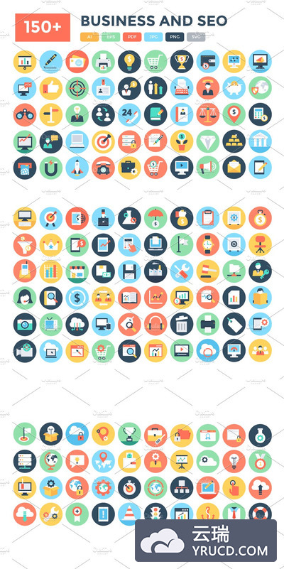 扁平化商业矢量图标设计 150+ Flat Business and Seo Icons