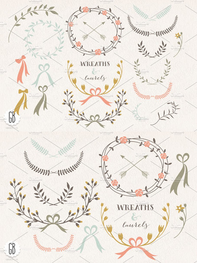 花卉花环矢量插画 Wreaths laurels ribbons folk flowers
