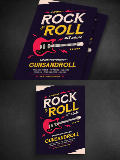 摇滚之夜音乐海报制作模板 Rock And Roll All Night Flyer