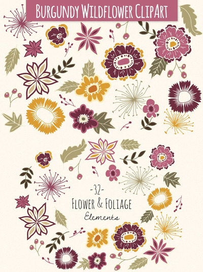 野花矢量元素 Wildflower Elements in Burgundy