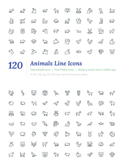 动物矢量图标素材 120 Animals Line Icons