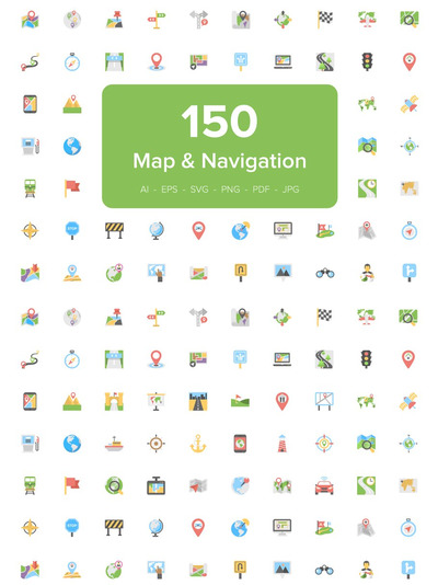 地图和导航平面图标素材 150 Map and Navigation Flat Icons