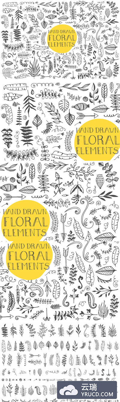 120+手绘花卉元素 120+ Hand Drawn Floral Elements