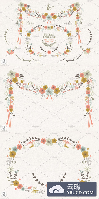 花卉素材插画 Floral garland, flower wreath, birds