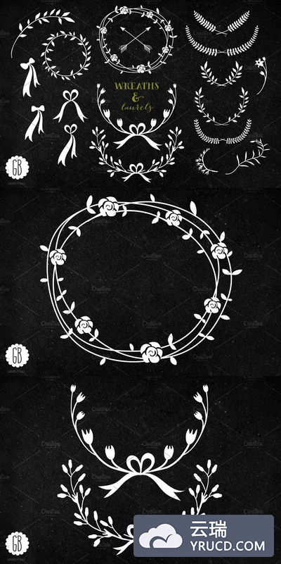 花卉矢量图案 Wreaths laurels ribbons chalkboard