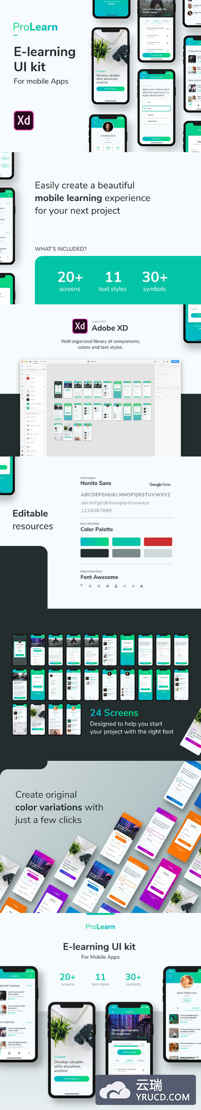 移动端碎片时间学习在线学习 APP UI KIT app界面设计套装模板下载[XD]