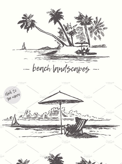 海边插画素材 Set of sketches of seaside view
