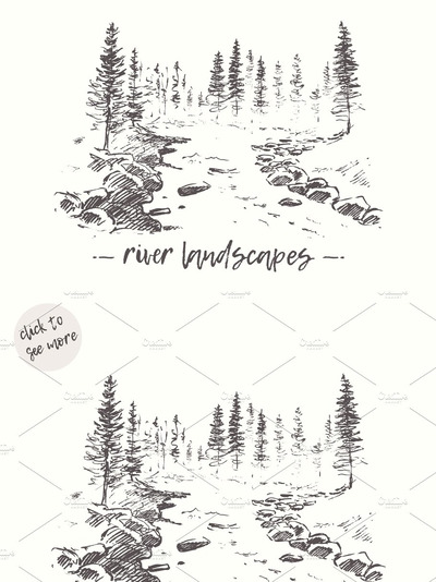 森林素材插画 Landscapes with river and fir forest