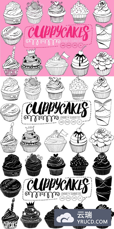 生日蛋糕素材插画 Birthday Cupcake Line Art