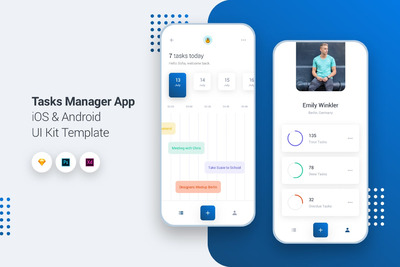 UI Kits | 任务管理器App iOS和Android UI工具包模板Sketch，Photoshop，Adobe Xd和Figma