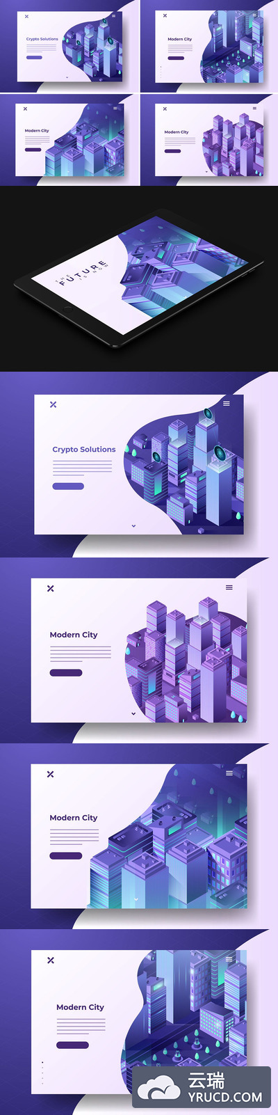 平面图形 | 紫色矢量完美banner现代等距风格智能城市2.5D插画插图