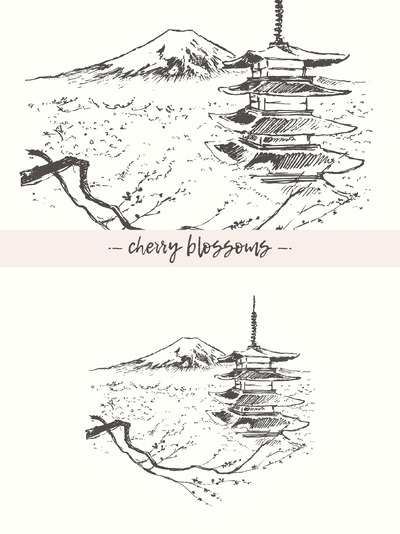 手绘素描插画 Japanese landscape