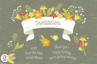 花卉素材插画 Folk flowers invitation white ribbon