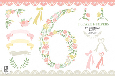 数字6创意插画 Floral number, six, 6th, clip art