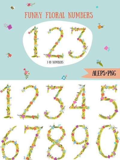 花卉素材矢量图标 Funky floral numbers