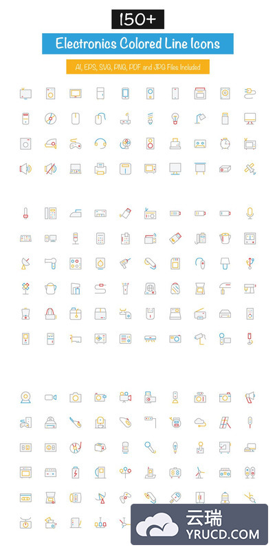 150+电子设备图标素材 150+ Electronics Colored Line Icons