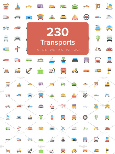 运输单位矢量图标下载 230 Transport Flat Vector Icons Set